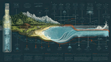 This detailed infographic illustrates the water cycle and land interaction, showcasing environmental elements like mountains, forests, and rivers in a visually engaging design.の素材