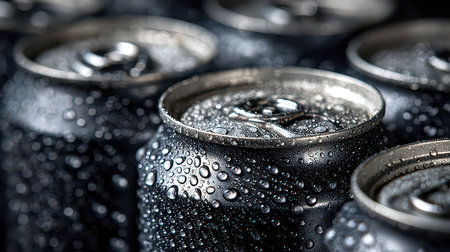 A close-up image showcasing water droplets on chilled aluminum beverage cans, highlighting condensation and inviting a refreshing feeling, perfect for marketing and beverage-related projects.の素材