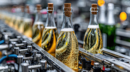 Close-up view of sparkling beverage bottles on an automated production line. The process highlights modern manufacturing technology in a clean and efficient factory setting.の素材