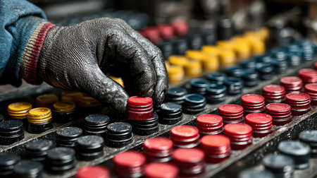 A close-up view of a worker's gloved hand adjusting colorful buttons on a factory machine, showcasing manual labor and industrial processes in a dynamic environment.の素材