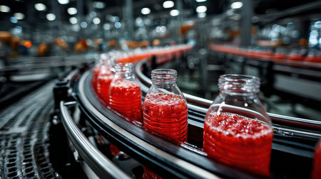 A vibrant view of red beverage bottles moving along a conveyor belt in a modern factory. The scene highlights industrial automation and beverage production efficiency.の素材