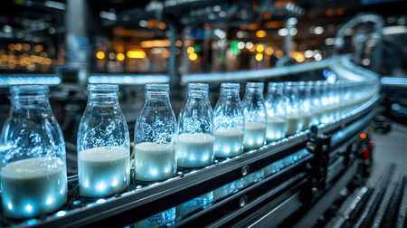 A series of glass milk bottles placed on a conveyor belt in a modern dairy factory. The scene highlights industrial production and the freshness of dairy products, showcasing advanced manufacturing technology.の素材