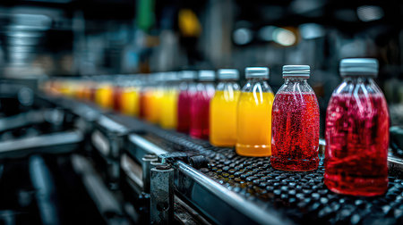 A vibrant display of various beverage bottles on a production line in a factory. Emphasizes the manufacturing process and colorful drink options.の素材