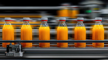 A vibrant scene showcasing the production line of fresh orange juice in a modern bottling facility, highlighting efficiency and technology in beverage processing.の素材