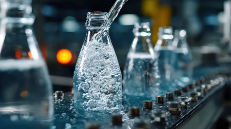 Close-up of the water bottling process in a factory. Clear bottles are filled with sparkling fresh water, showcasing modern production technology and sanitation.の素材