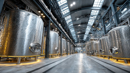 This image showcases a contemporary industrial brewery interior featuring rows of stainless steel tanks and a spacious, well-lit environment. Perfect for illustrating production or manufacturing themes.の素材