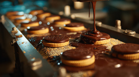 A close view of cookies being coated with rich chocolate on a factory conveyor belt. The process showcases a sweet and delicious treat being prepared commercially.の素材