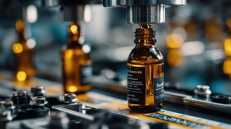 A detailed view of the bottling process in a pharmaceutical facility featuring amber bottles being filled on an automated production line, showcasing modern technology and efficiency.の素材