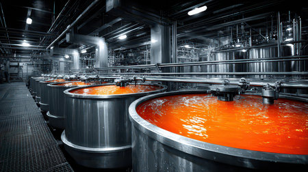 A vibrant industrial scene featuring large mixing tanks filled with bright orange liquid. The photo highlights the machinery and environment of a bustling factory setting.の素材