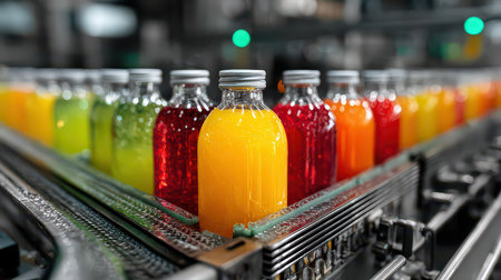 Vibrant bottles of fresh juice in a factory setting highlight the beverage processing industry. Colorful liquids showcase variety and nutritional appeal.の素材