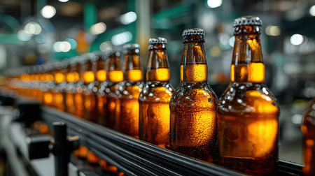 A close-up view of amber beer bottles on a production line in a brewery. The glistening bottles with condensation reflect the craftsmanship behind brewing. Perfect for beverage industry themes.の素材