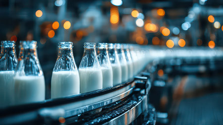 A detailed view of a milk bottling line in a modern dairy factory. This image showcases glass bottles filled with fresh milk on a conveyor belt, highlighting the efficiency and technology in the dairy production process.の素材