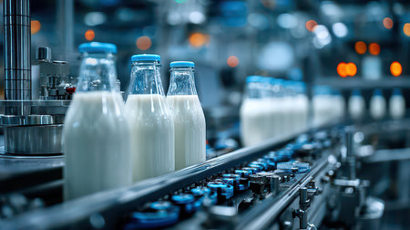 Glass bottles filled with fresh milk travel along a conveyor belt in a modern dairy factory. The scene showcases technology and efficiency in beverage production, highlighting quality and automation.の素材