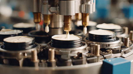 The image showcases the intricate cream filling process in an automated packaging line for cosmetics. It highlights advanced machinery and precision engineering.の素材