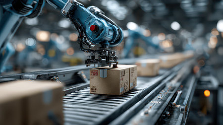 An advanced robotic arm efficiently handles packages on a conveyor system in a modern warehouse, showcasing cutting-edge technology and automation in logistics.の素材