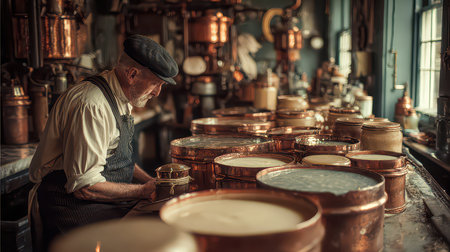 Capture the essence of artisan craftsmanship in a vintage kitchen filled with copper pots. This scene showcases traditional cooking methods and a rich, warm atmosphere.の素材