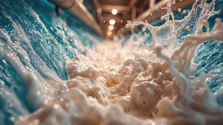 Captivating image showcasing the dynamic flow of water with foam and bubbles in an industrial setting, highlighting movement and energy in liquid dynamics.の素材