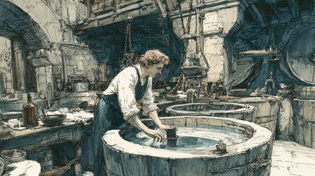 A dedicated artisan is shown mixing ingredients in water within a vintage workshop, surrounded by tools and equipment, embodying a rich history of craftsmanship.の素材