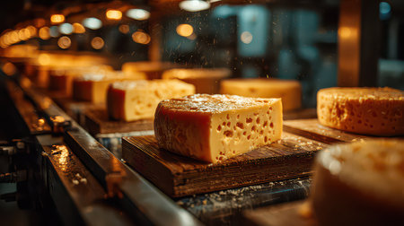 Explore the intricate process of artisan cheese production in a modern dairy facility, showcasing wheels of cheese that highlight craftsmanship, freshness, and flavor.の素材