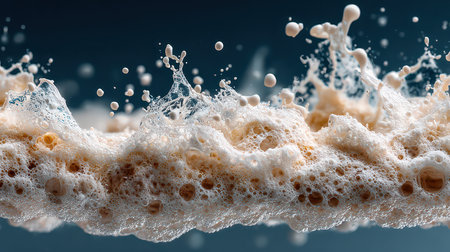 Stunning close-up of an abstract foam splash with bubbles, creating a dynamic and fresh visual effect against a dark blue background, ideal for creative projects.の素材