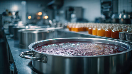 A vibrant scene of freshly made jam bubbling in a large pot, surrounded by jars of colorful fruit preserves in a bustling professional kitchen.の素材