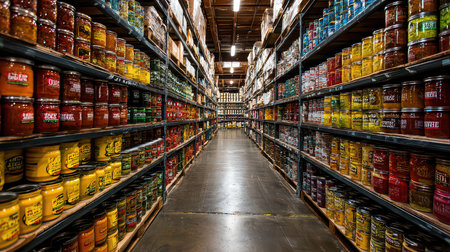 This image showcases a spacious grocery warehouse aisle lined with colorful jars of various sauces and condiments. Brightly labeled shelves create an organized and inviting atmosphere.の素材