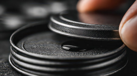 A close-up image showing a hand gently lifting a sleek black lid, revealing a shiny liquid drop. The focus highlights the texture and details, creating a modern aesthetic.の素材