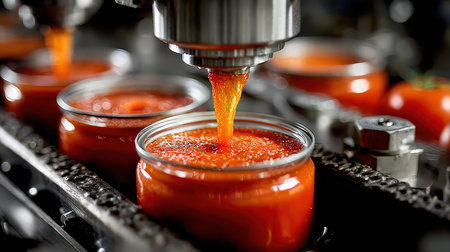 A close-up view of a tomato sauce production line. Fresh sauce flows into glass jars, showcasing the industrial process of food packaging and preparation.の素材