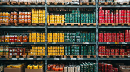 A vibrant display of canned goods arranged on shelves in a grocery store aisle, showcasing a variety of colors and packaging designs for easy access and selection.の素材
