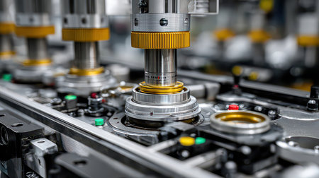 Close-up view of advanced machinery components in a modern production line, showcasing precision engineering and innovation in industrial processes for optimal performance and efficiency.の素材