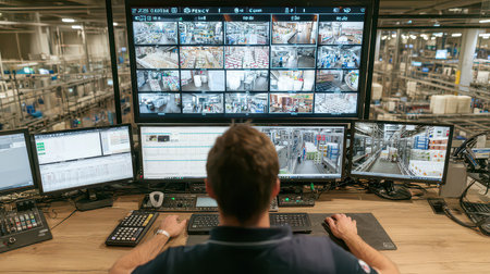 A modern control room with multiple computer screens displays surveillance footage, showing a worker monitoring warehouse activities. This highlights technology in logistics.の素材