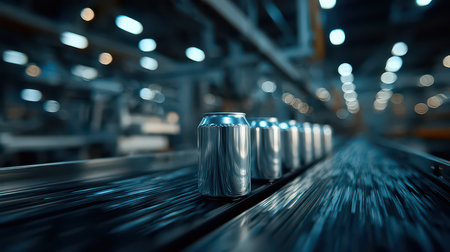 A detailed view of metal cans on a production line in a modern factory, showcasing the speed and efficiency of industrial manufacturing processes with a focus on automation and technology.の素材