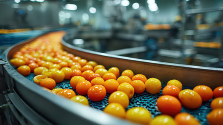 Vibrant oranges roll along a conveyor belt in a busy production line, highlighting the process of fruit handling and quality control in a modern industrial facility.の素材