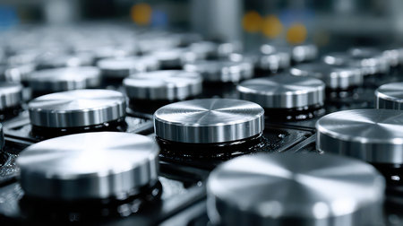 This close-up image showcases metallic buttons on an industrial machine, highlighting the precision and quality found in modern manufacturing environments.の素材