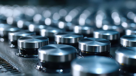 A detailed close-up of metallic buttons on industrial equipment, showcasing technology and precision in modern manufacturing processes, highlighting the shiny surfaces and design.の素材
