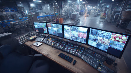 A modern control room filled with multiple monitors displays data and surveillance footage in an industrial environment, showcasing technology and efficiency in operations.の素材