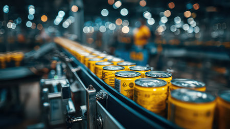 A close-up view of a conveyor belt transporting yellow cans in a factory setting, showcasing industrial production and modern technology in action.の素材