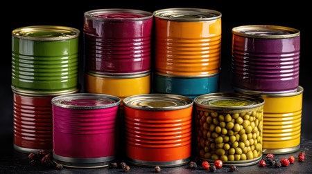 A striking display of colorful food cans in various shades and textures, perfect for kitchen decor or culinary photography. Add vibrancy to any scene!の素材