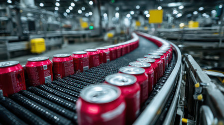 A close-up view of red beverage cans moving along a conveyor belt in a bustling factory, showcasing modern manufacturing and efficient production processes.の素材