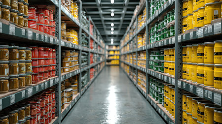 Brightly colored jars and cans line the shelves of a modern supermarket aisle, showcasing a diverse selection of food products for shoppers to explore.の素材