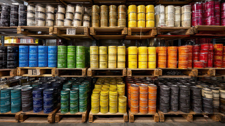A stunning array of colorful paint cans neatly arranged on wooden shelves in a vibrant art supply warehouse, perfect for showcasing creativity and design.の素材