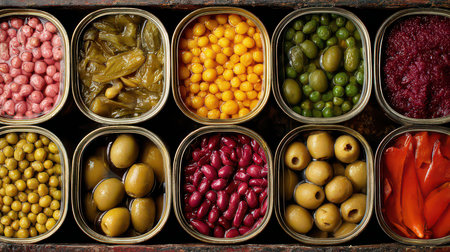 A visually striking arrangement of assorted canned vegetables and legumes in containers. This colorful display features vibrant shades and diverse textures ideal for culinary inspiration.の素材