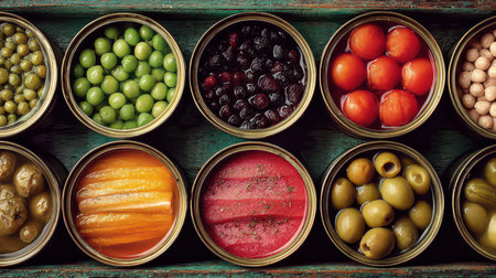 Vibrant assortment of fresh vegetables and fruits presented in metal cans, showcasing a variety of colors and textures. Perfect for food photography.の素材