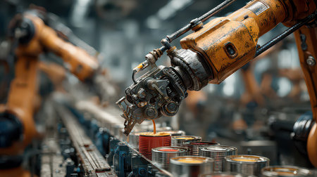 A close-up view of a robotic arm working on an assembly line in a manufacturing factory, showcasing advanced technology and efficient production processes.の素材
