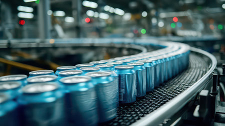 A dynamic scene showcasing cans moving along a conveyor belt in a beverage production facility. The automation highlights efficiency in modern manufacturing.の素材