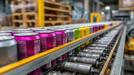 Colorful beverage cans are displayed on a conveyor belt in a modern production line. The image captures the essence of beverage manufacturing and efficient logistics.の素材