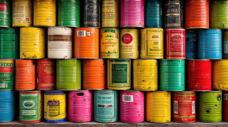 A vibrant display of vintage cans in various colors arranged in a captivating pattern. This image offers a unique background for art and design projects.の素材