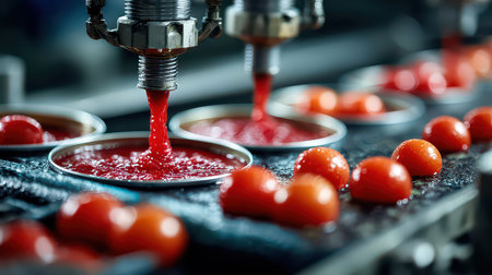 A close-up view of a tomato processing line showcasing fresh tomatoes and the automatic filling of sauce into cans. This image highlights modern food production techniques.の素材