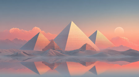 This stunning image features majestic pyramids at sunrise, reflecting in a serene landscape. The soft pink and orange hues create a tranquil atmosphere that invites exploration.の素材
