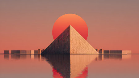 A stunning view of a pyramid reflected in calm water during sunset, creating a harmonious blend of colors and tranquility. Ideal for artistic and serene themes.の素材
